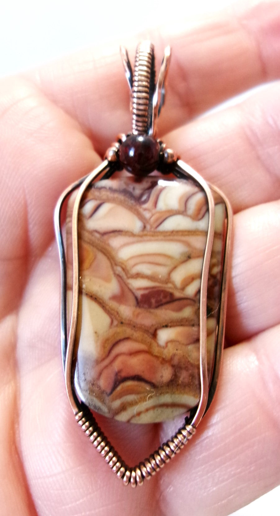 Biggs Picture Jasper gemstone copper wire wrapped crystal pendant with garnet and copper accent beads