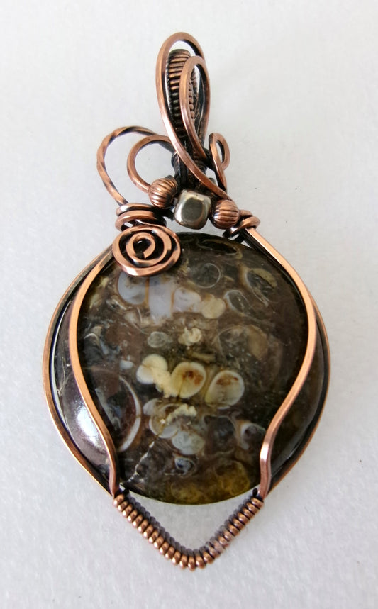 Turritella Fossil Agate gemstone copper wire wrapped crystal pendant with silver and copper accent beads