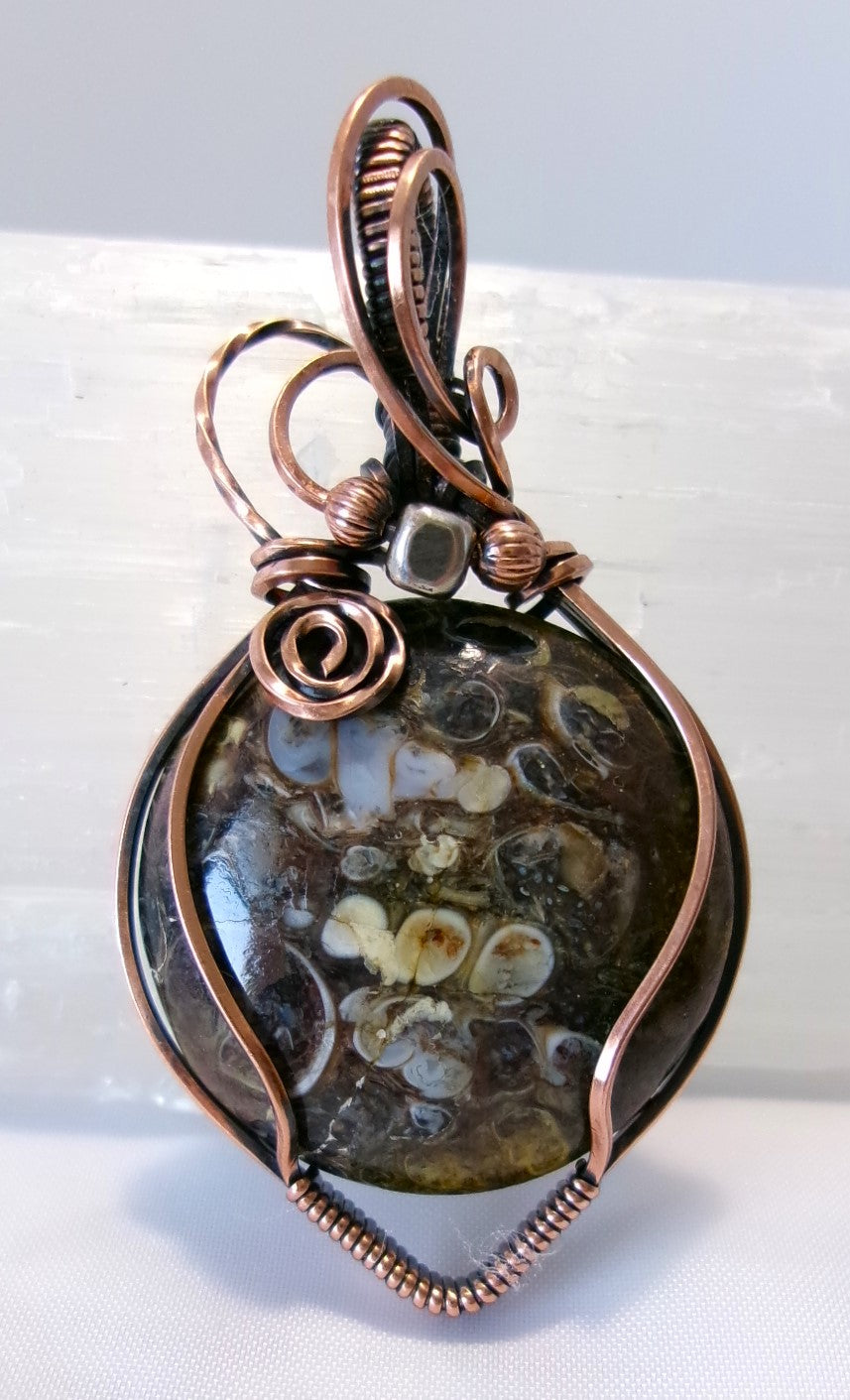Turritella Fossil Agate gemstone copper wire wrapped crystal pendant with silver and copper accent beads