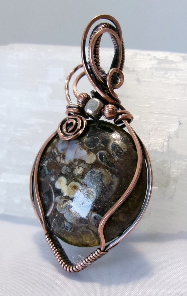 Turritella Fossil Agate gemstone copper wire wrapped crystal pendant with silver and copper accent beads