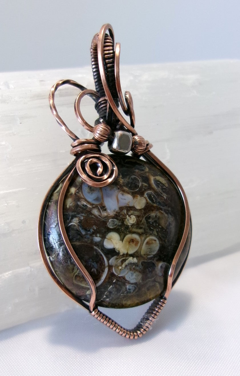 Turritella Fossil Agate gemstone copper wire wrapped crystal pendant with silver and copper accent beads