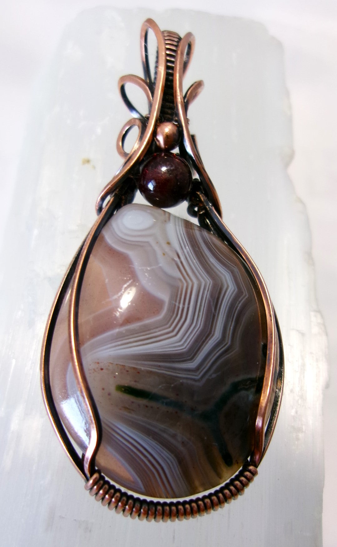 Botswana Agate gemstone copper wire wrapped crystal pendant with garnet and copper accent beads