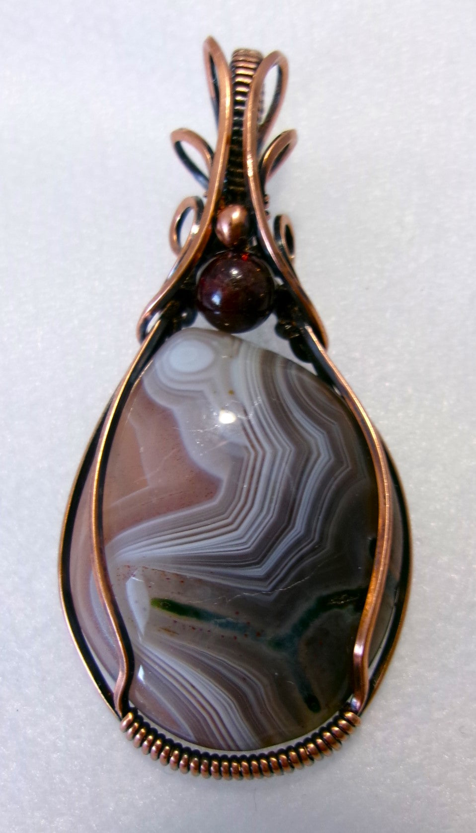 Botswana Agate gemstone copper wire wrapped crystal pendant with garnet and copper accent beads