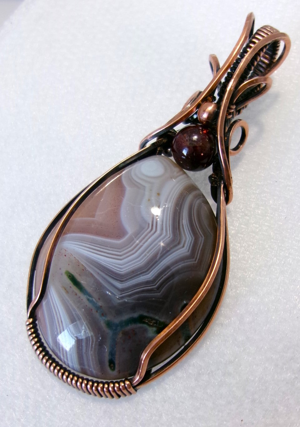 Botswana Agate gemstone copper wire wrapped crystal pendant with garnet and copper accent beads