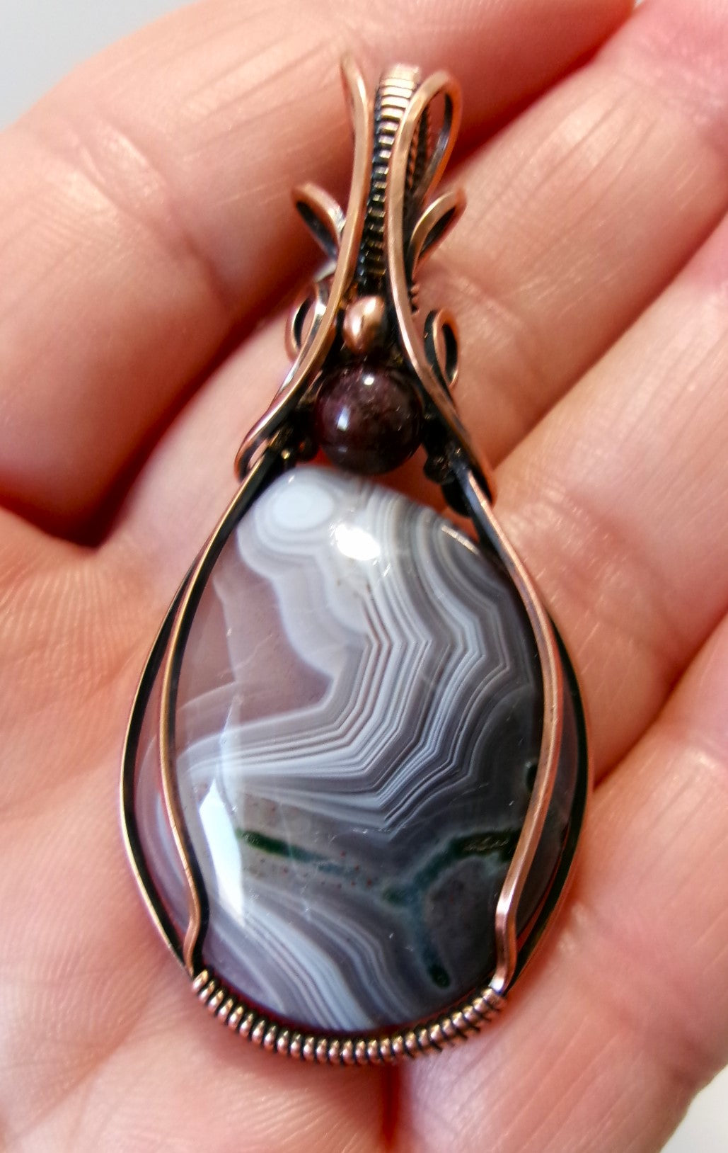Botswana Agate gemstone copper wire wrapped crystal pendant with garnet and copper accent beads