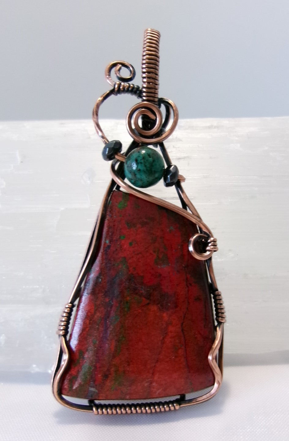 Sonoran Sunrise gemstone copper wire wrapped crystal pendant with turquoise and hematite accent beads
