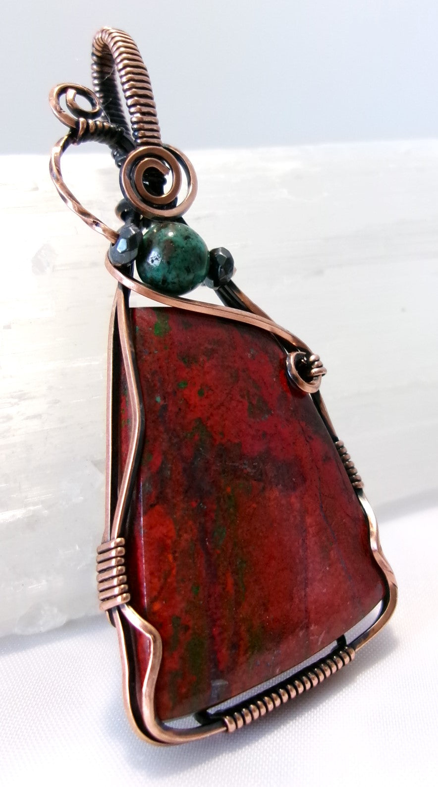 Sonoran Sunrise gemstone copper wire wrapped crystal pendant with turquoise and hematite accent beads