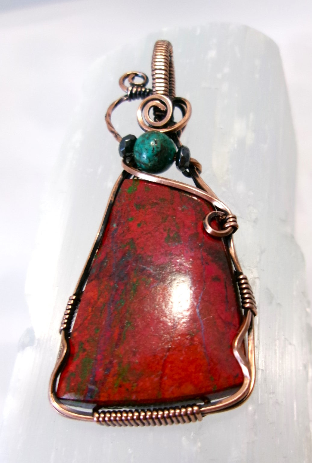 Sonoran Sunrise gemstone copper wire wrapped crystal pendant with turquoise and hematite accent beads