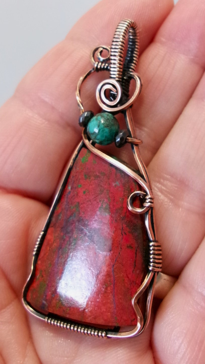 Sonoran Sunrise gemstone copper wire wrapped crystal pendant with turquoise and hematite accent beads