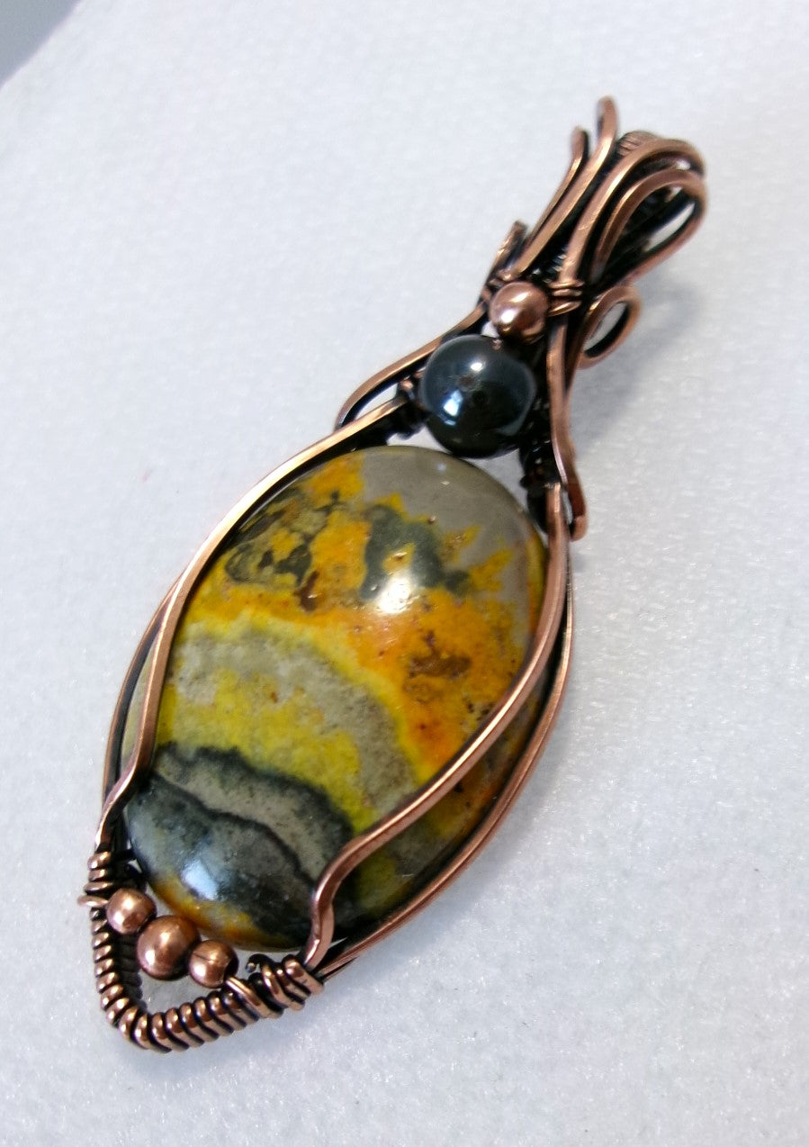 Bumblebee Jasper gemstone copper wire wrapped crystal pendant with hematite and copper accent beads