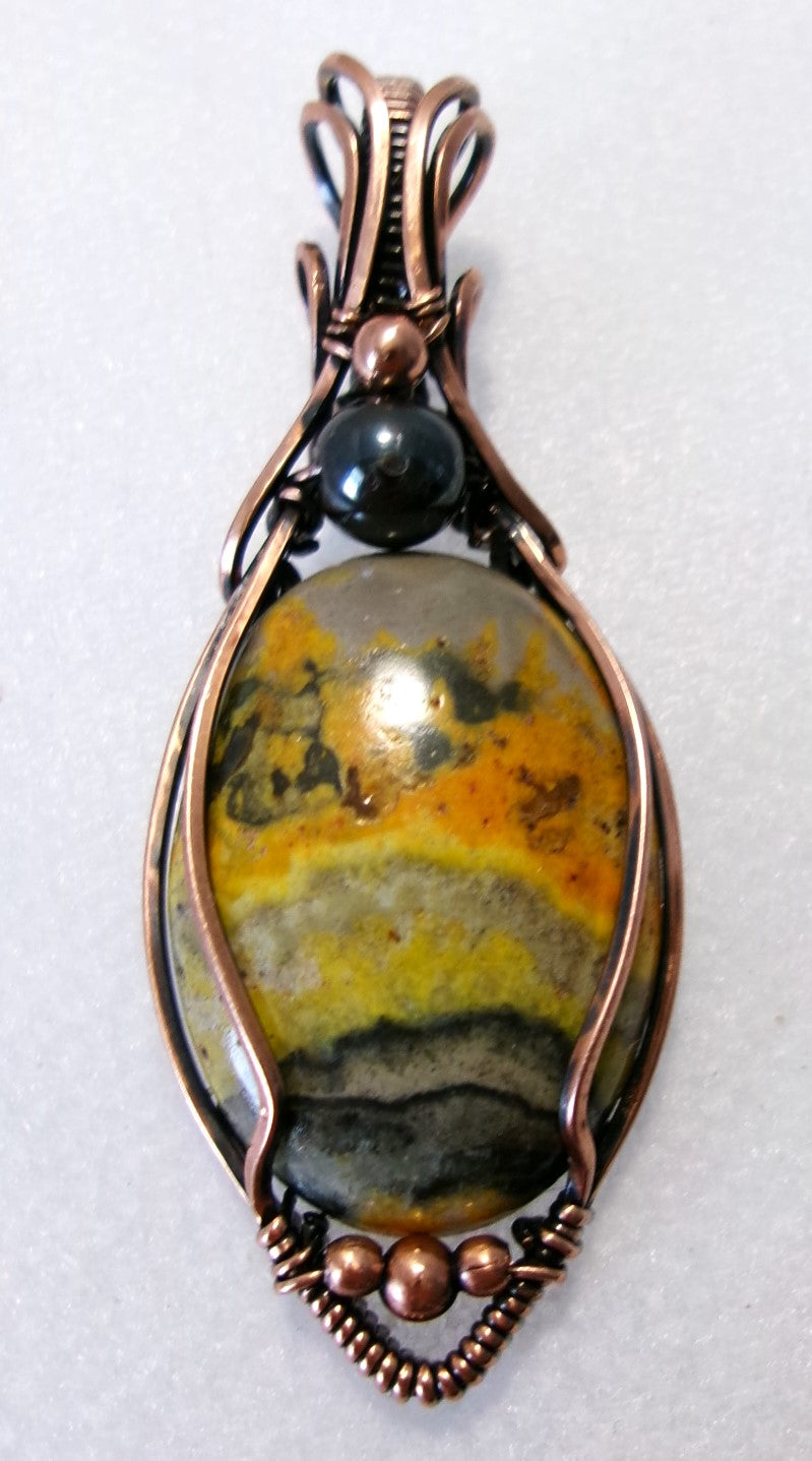 Bumblebee Jasper gemstone copper wire wrapped crystal pendant with hematite and copper accent beads