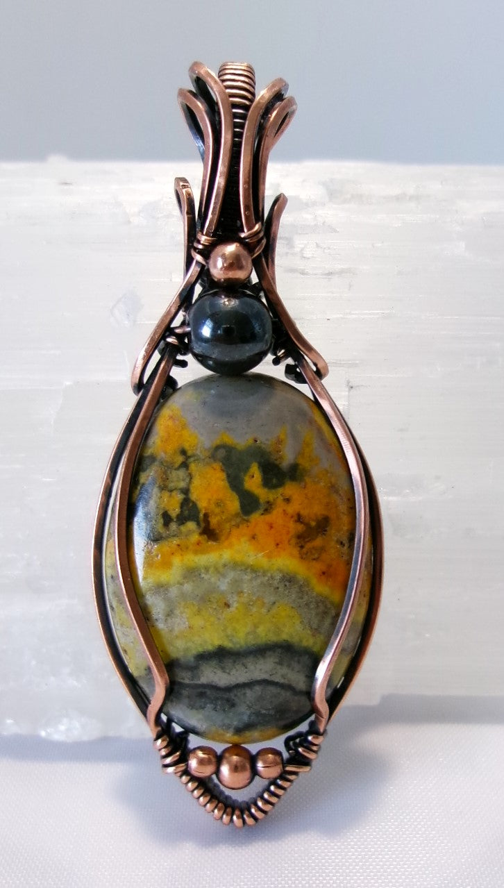 Bumblebee Jasper gemstone copper wire wrapped crystal pendant with hematite and copper accent beads