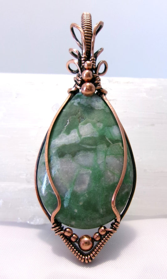 Variscite gemstone copper wire wrapped crystal pendant with copper accent beads