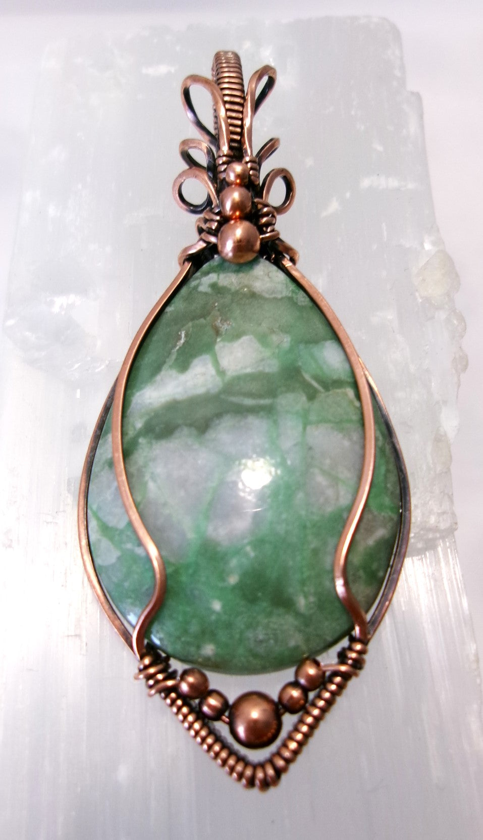 Variscite gemstone copper wire wrapped crystal pendant with copper accent beads