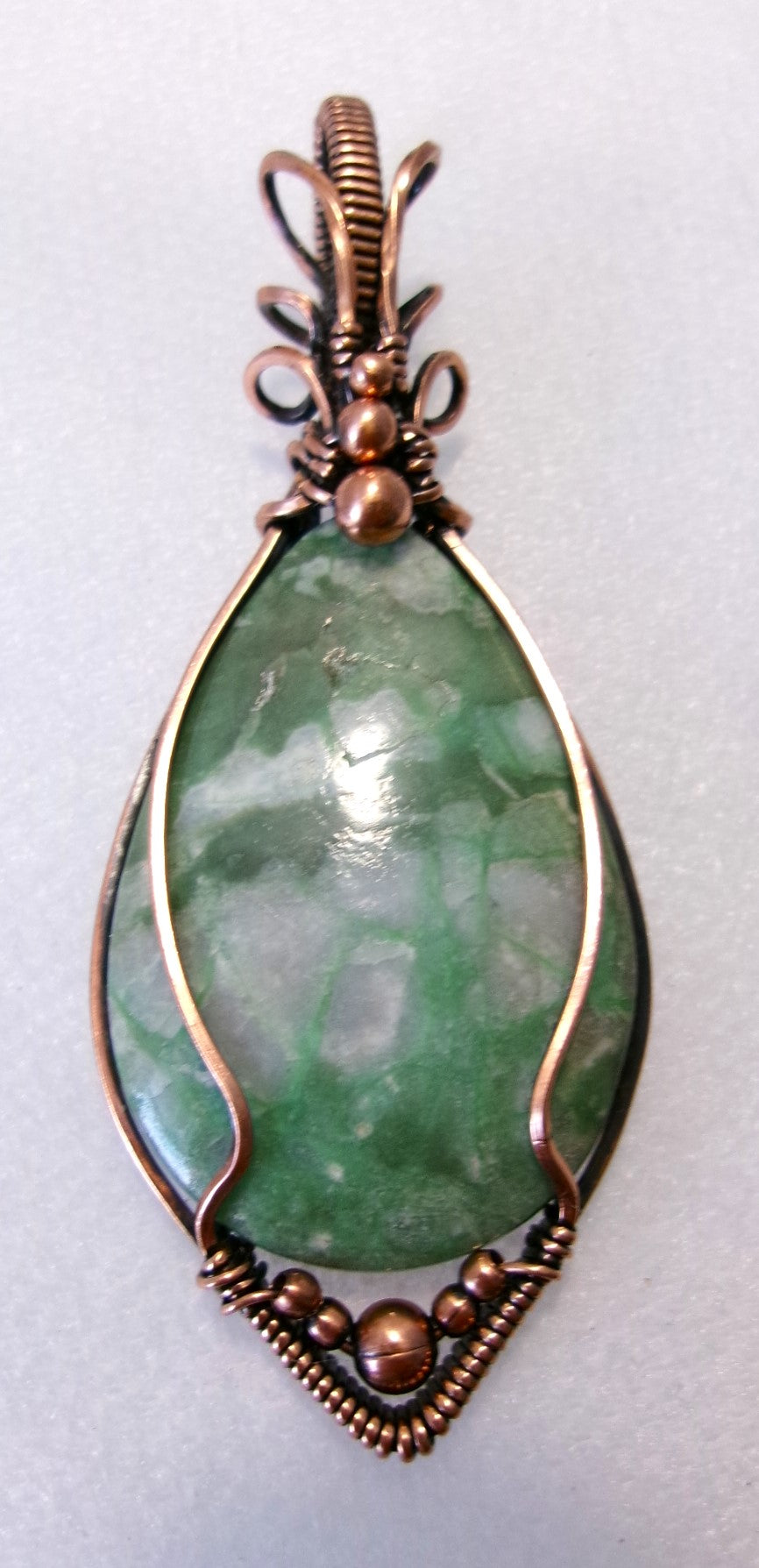 Variscite gemstone copper wire wrapped crystal pendant with copper accent beads