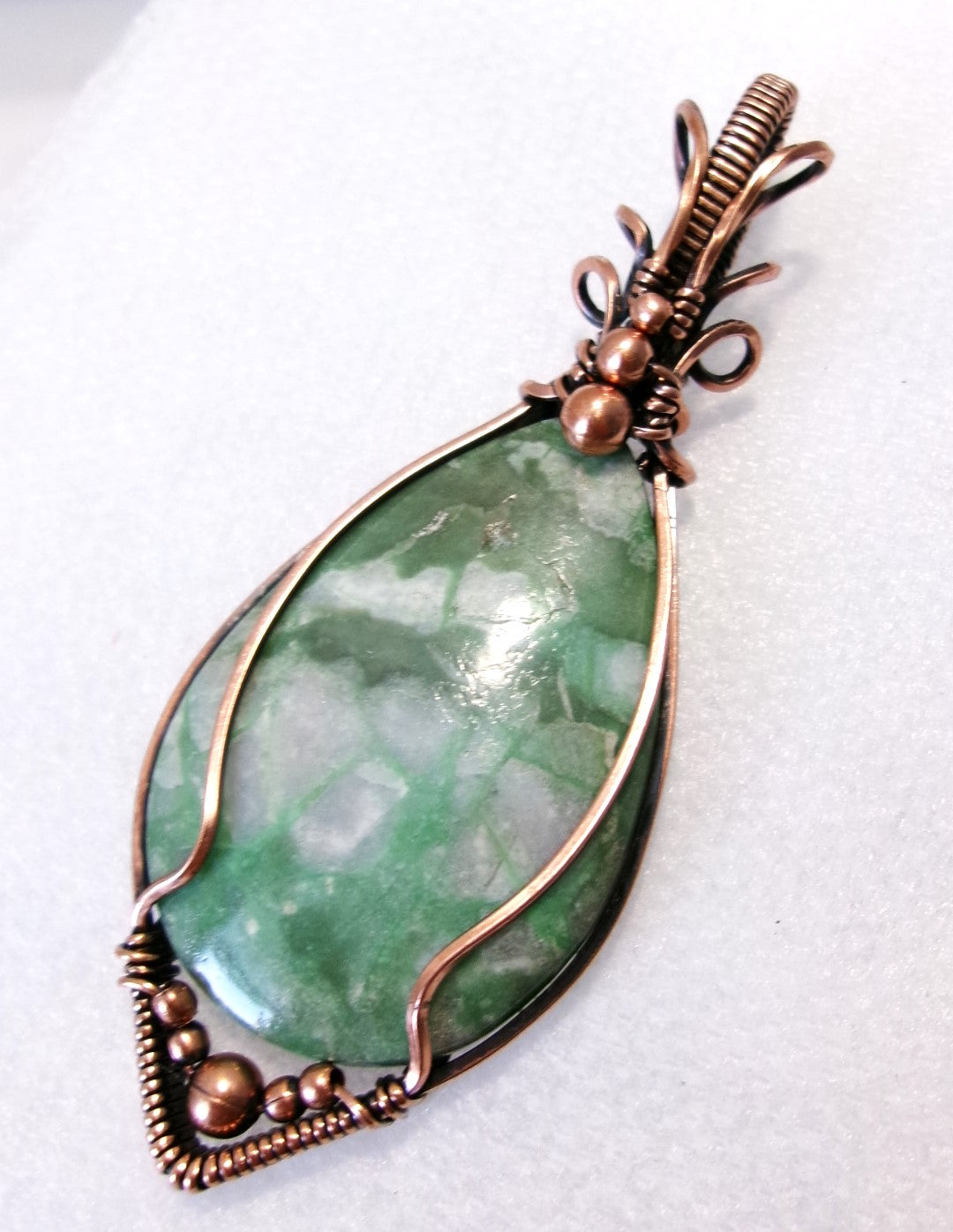 Variscite gemstone copper wire wrapped crystal pendant with copper accent beads