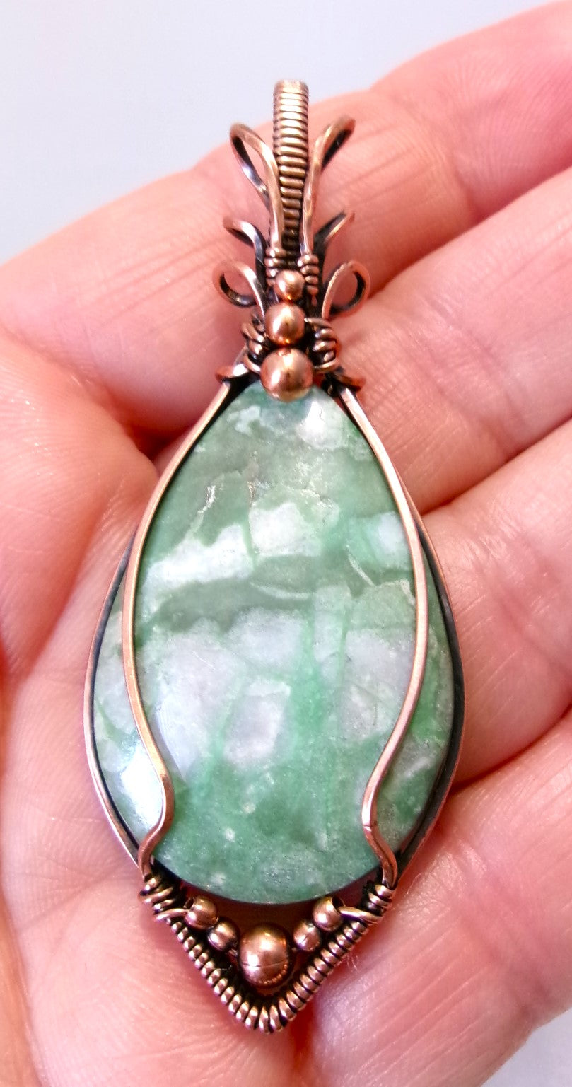 Variscite gemstone copper wire wrapped crystal pendant with copper accent beads