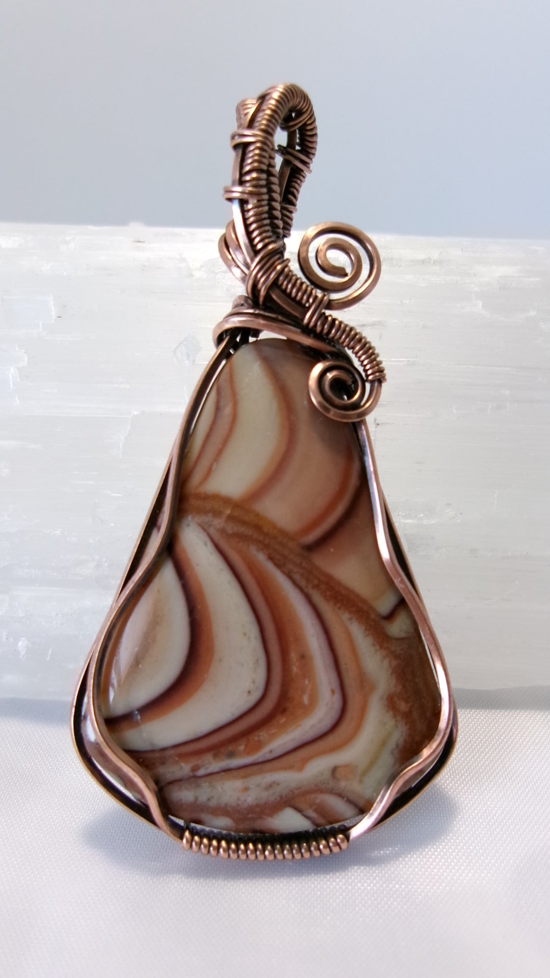 Biggs Picture Jasper gemstone copper wire wrapped crystal pendant with woven detail