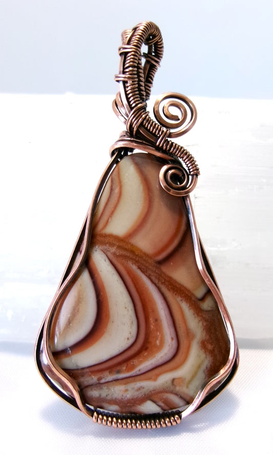 Biggs Picture Jasper gemstone copper wire wrapped crystal pendant with woven detail