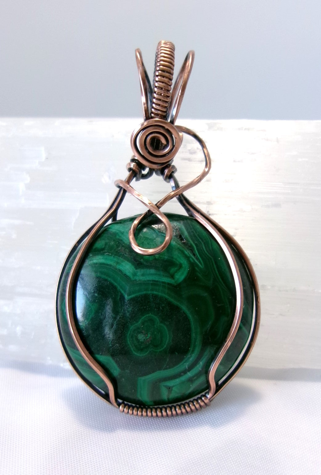 Malachite gemstone copper wire wrapped crystal pendant