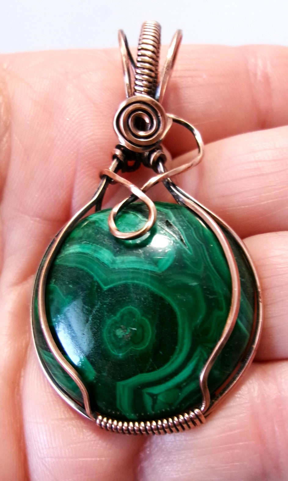 Malachite gemstone copper wire wrapped crystal pendant