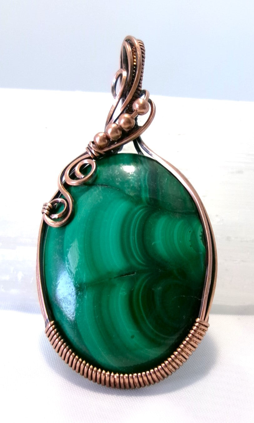 Malachite gemstone copper wire wrapped crystal pendant with copper accent beads