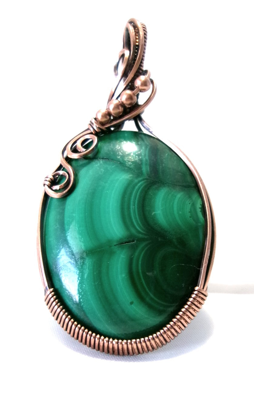 Malachite gemstone copper wire wrapped crystal pendant with copper accent beads