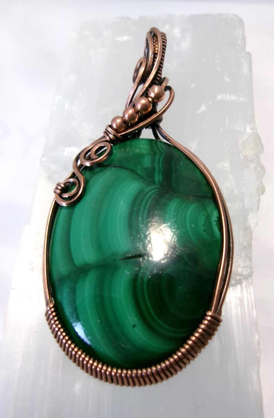 Malachite gemstone copper wire wrapped crystal pendant with copper accent beads