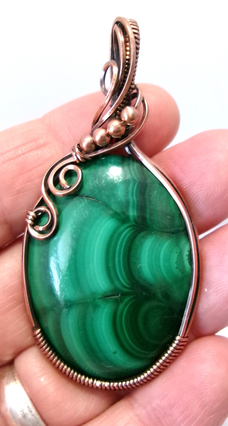 Malachite gemstone copper wire wrapped crystal pendant with copper accent beads