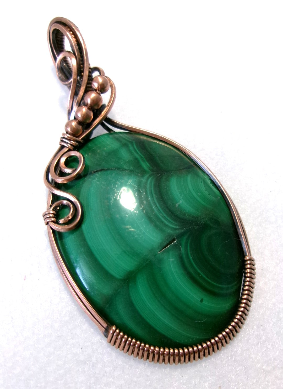 Malachite gemstone copper wire wrapped crystal pendant with copper accent beads