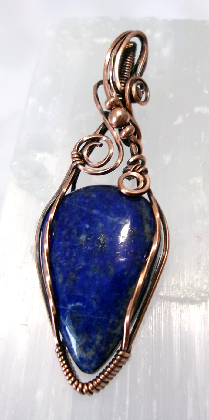 Lapis Lazuli gemstone copper wire wrapped crystal pendant with copper accent beads