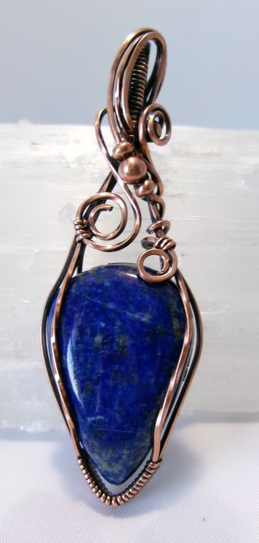 Lapis Lazuli gemstone copper wire wrapped crystal pendant with copper accent beads