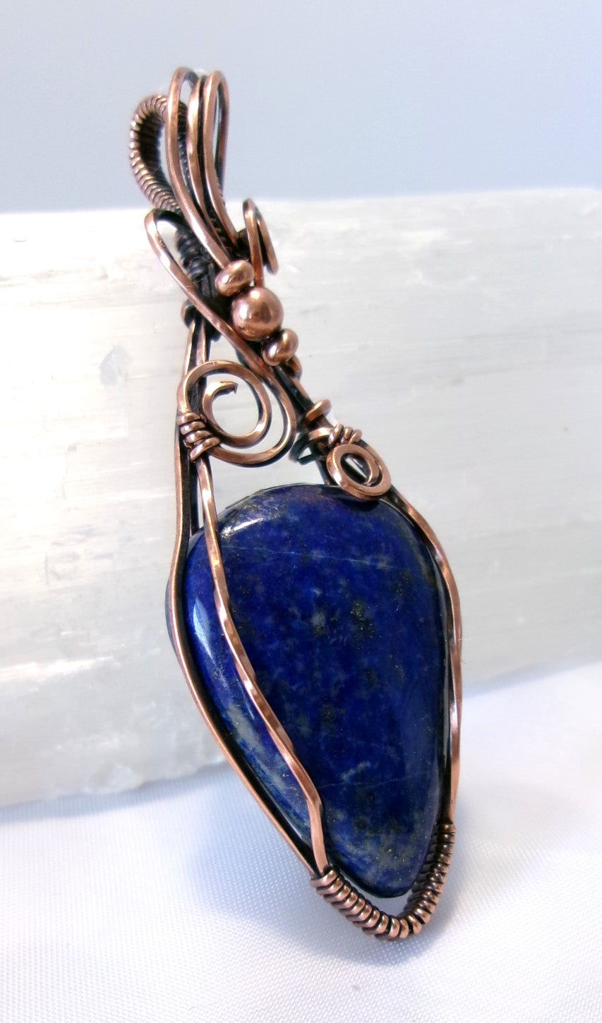 Lapis Lazuli gemstone copper wire wrapped crystal pendant with copper accent beads