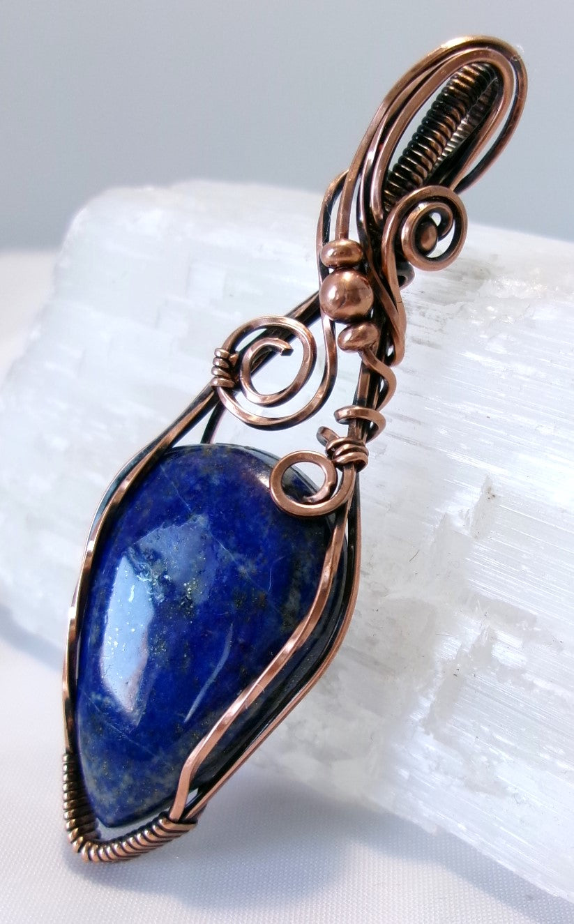 Lapis Lazuli gemstone copper wire wrapped crystal pendant with copper accent beads