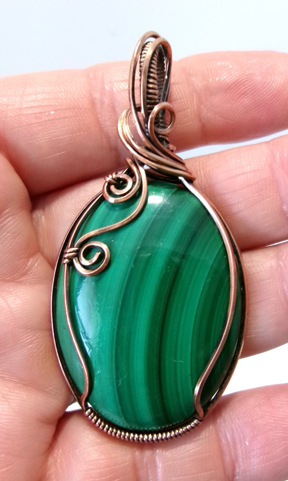 Malachite gemstone copper wire wrapped crystal pendant