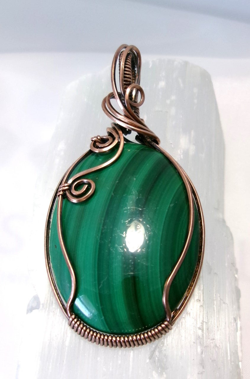 Malachite gemstone copper wire wrapped crystal pendant