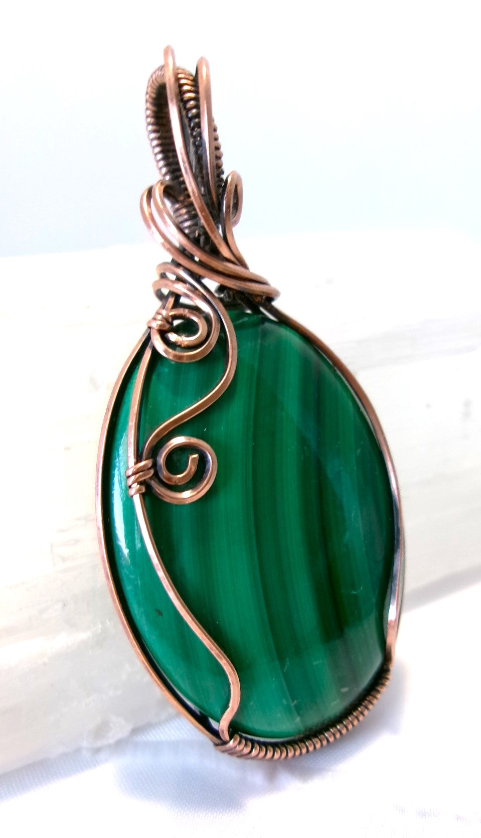 Malachite gemstone copper wire wrapped crystal pendant