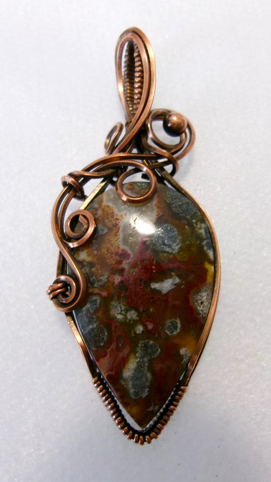 Red Marcasite gemstone copper wire wrapped crystal pendant with copper accent bead