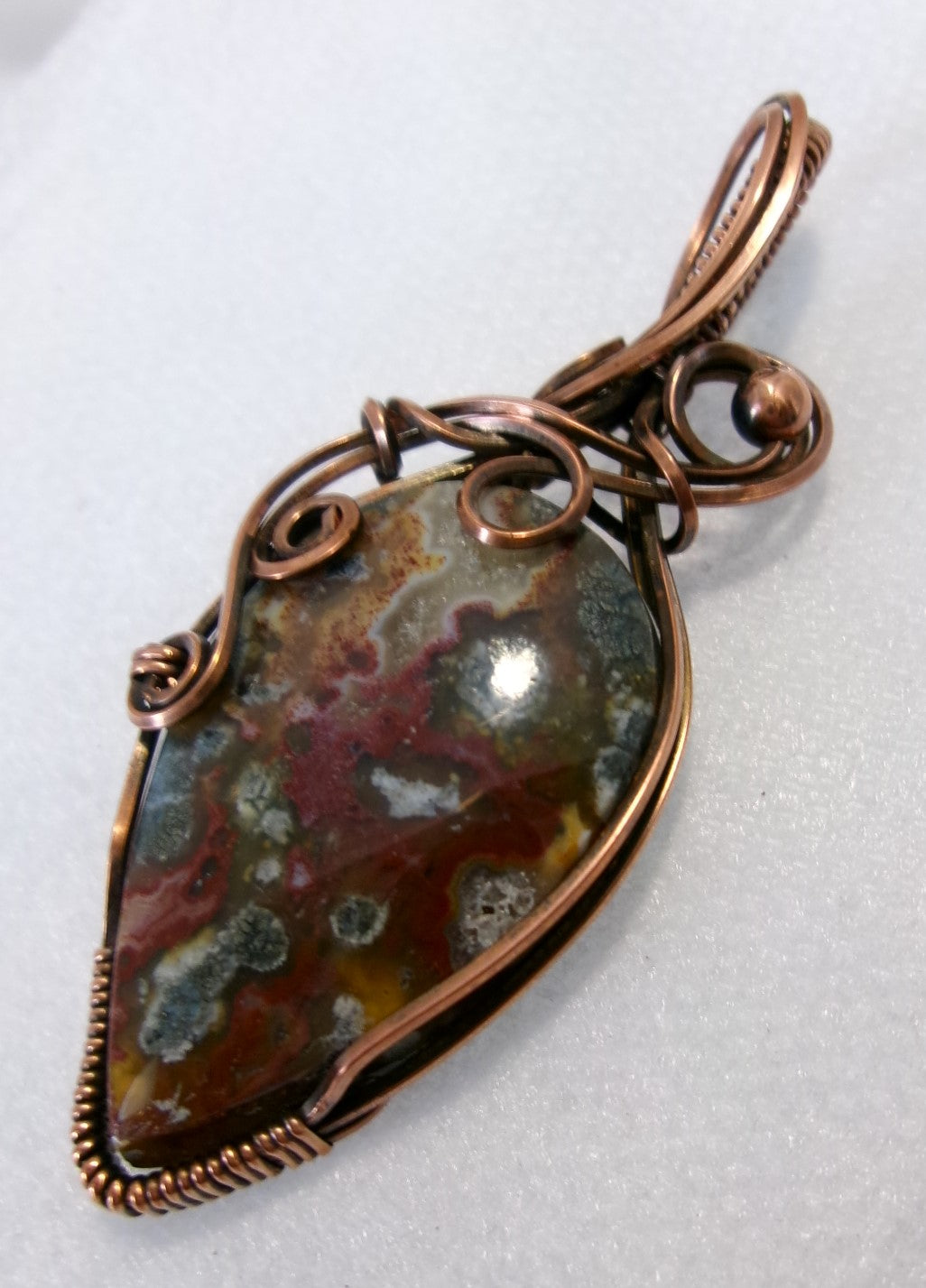 Red Marcasite gemstone copper wire wrapped crystal pendant with copper accent bead