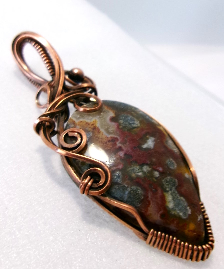 Red Marcasite gemstone copper wire wrapped crystal pendant with copper accent bead