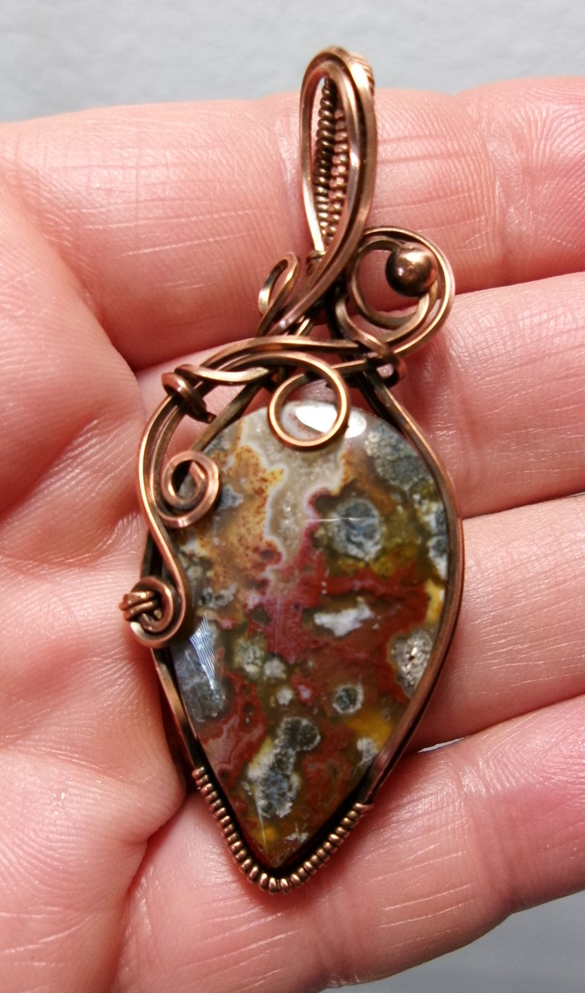 Red Marcasite gemstone copper wire wrapped crystal pendant with copper accent bead