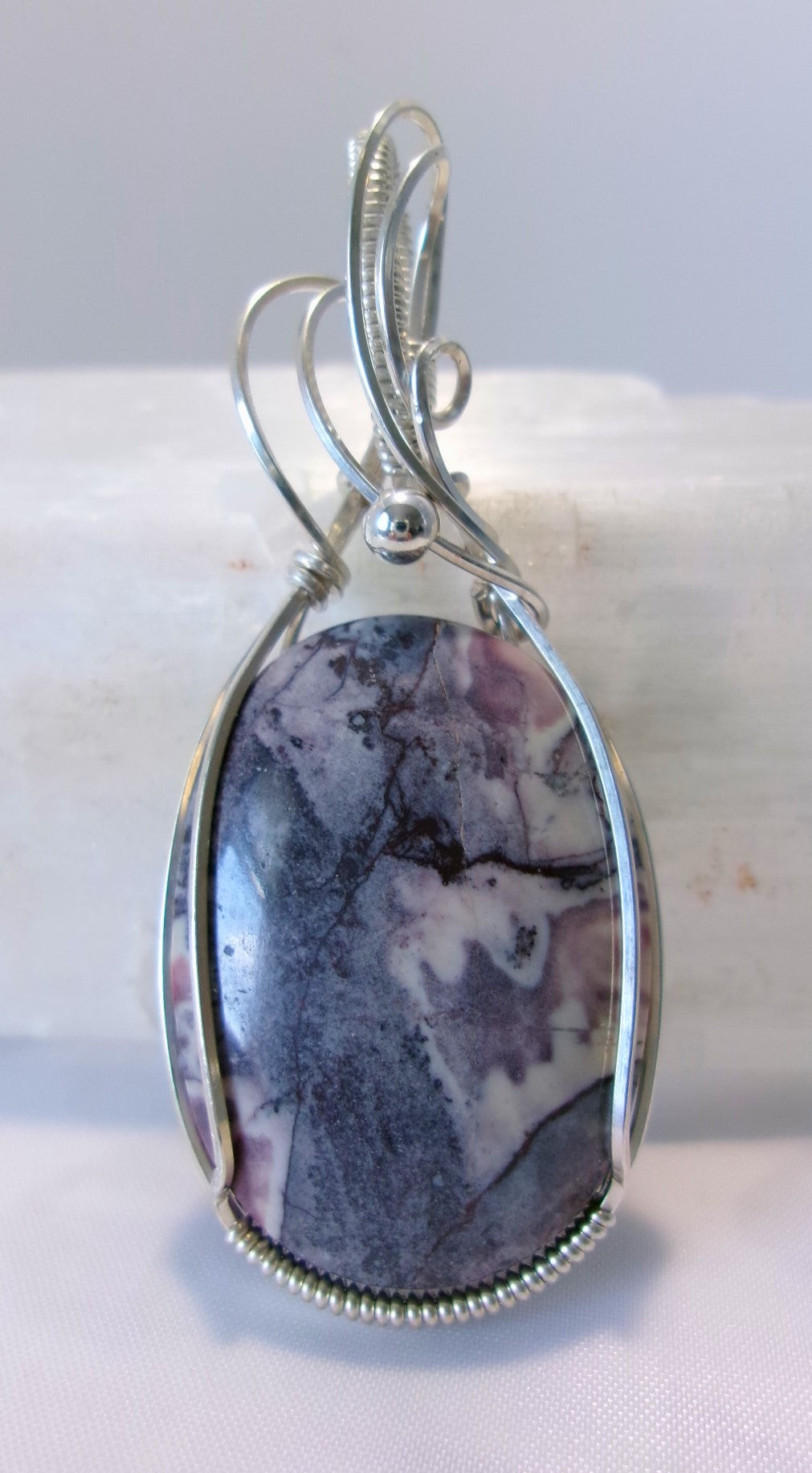 Porcelain Jasper gemstone sterling silver wire wrapped crystal pendant with a sterling silver accent bead