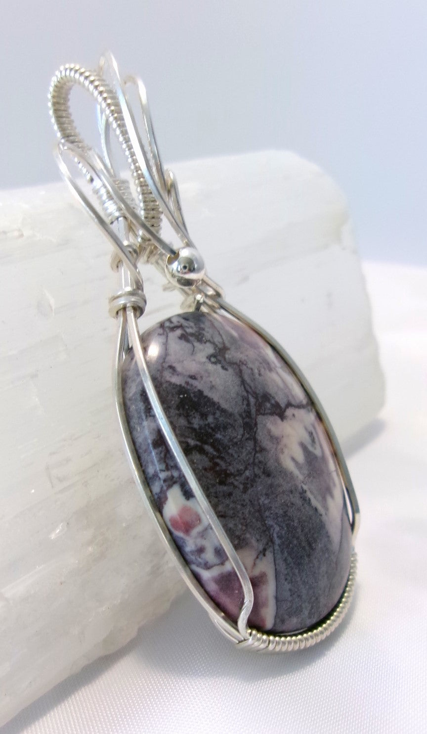 Porcelain Jasper gemstone sterling silver wire wrapped crystal pendant with a sterling silver accent bead