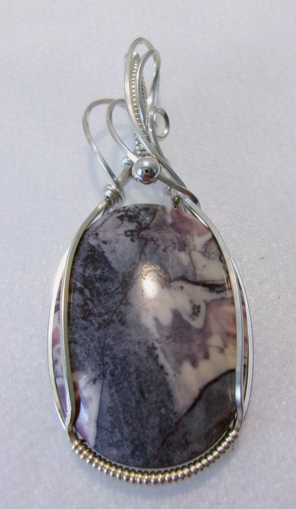 Porcelain Jasper gemstone sterling silver wire wrapped crystal pendant with a sterling silver accent bead