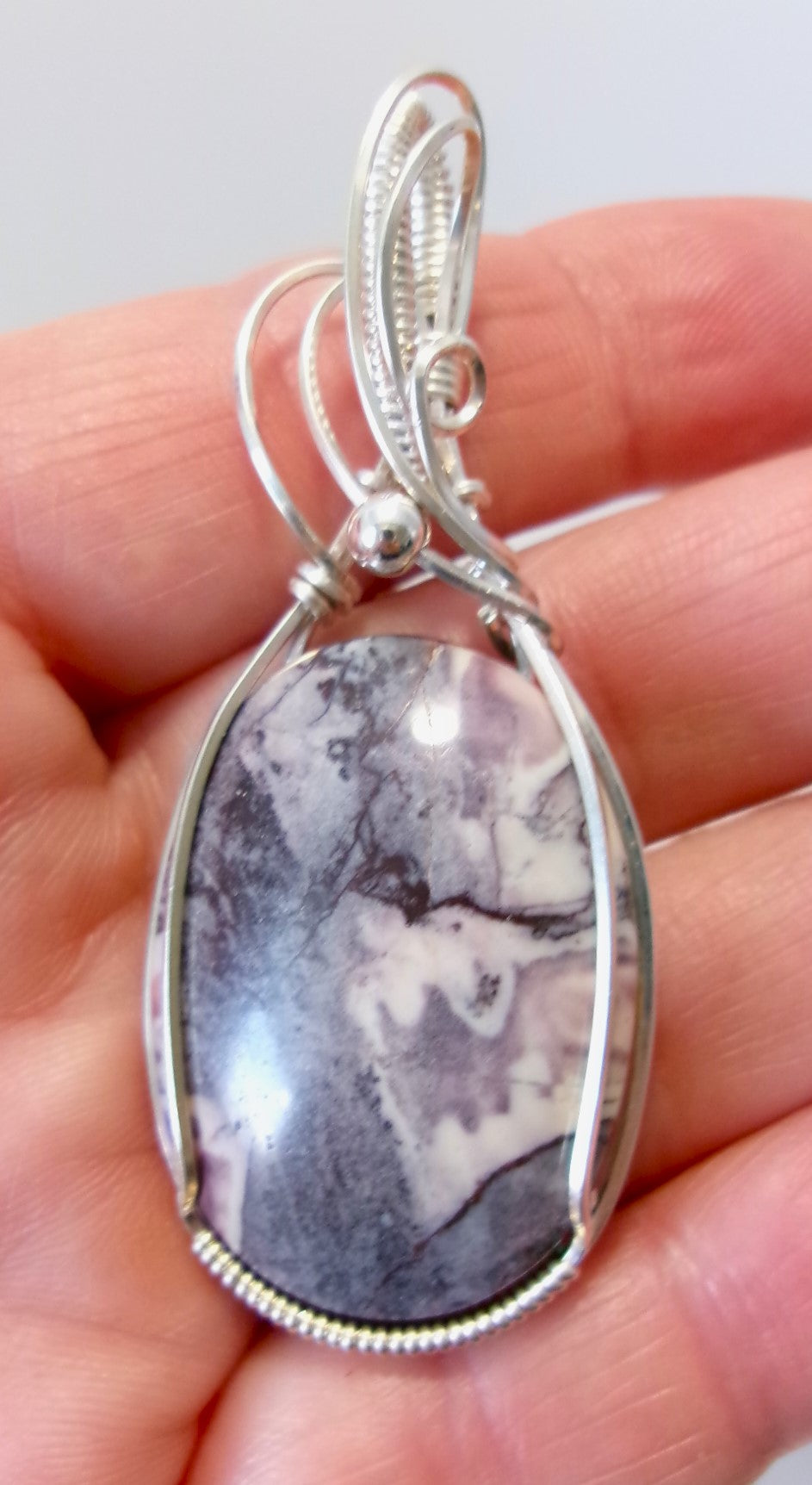 Porcelain Jasper gemstone sterling silver wire wrapped crystal pendant with a sterling silver accent bead