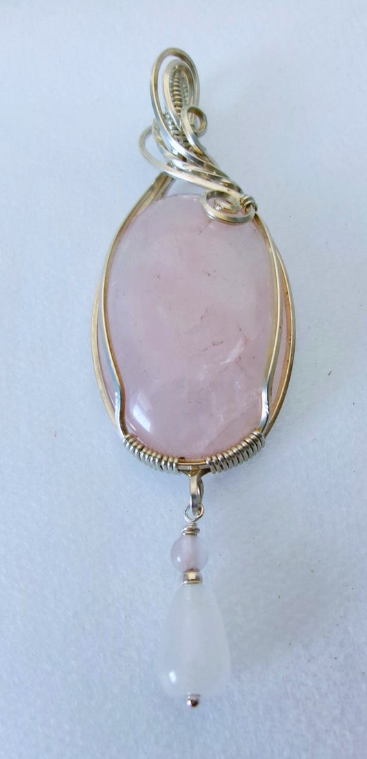 Rose Quartz gemstone sterling silver wire wrapped crystal pendant with rose quartz and snow quartz dangle