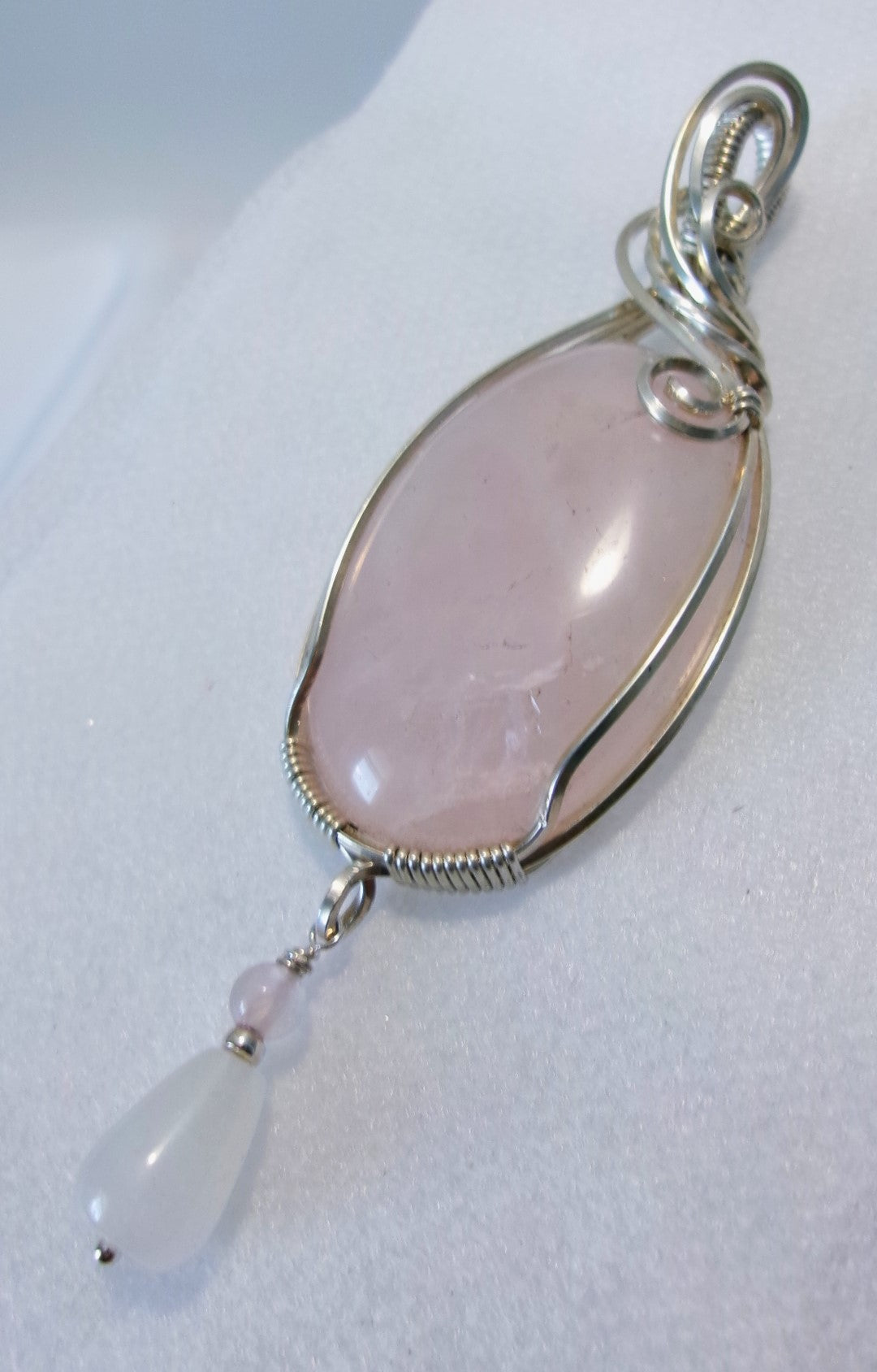 Rose Quartz gemstone sterling silver wire wrapped crystal pendant with rose quartz and snow quartz dangle