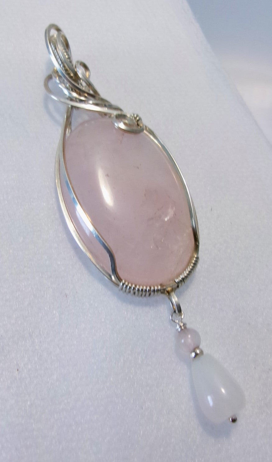 Rose Quartz gemstone sterling silver wire wrapped crystal pendant with rose quartz and snow quartz dangle