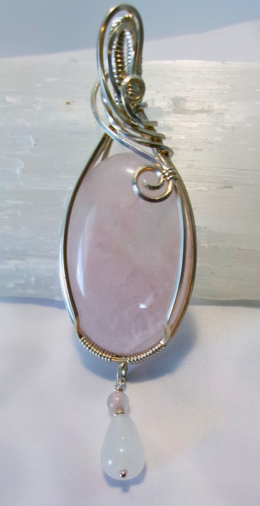 Rose Quartz gemstone sterling silver wire wrapped crystal pendant with rose quartz and snow quartz dangle