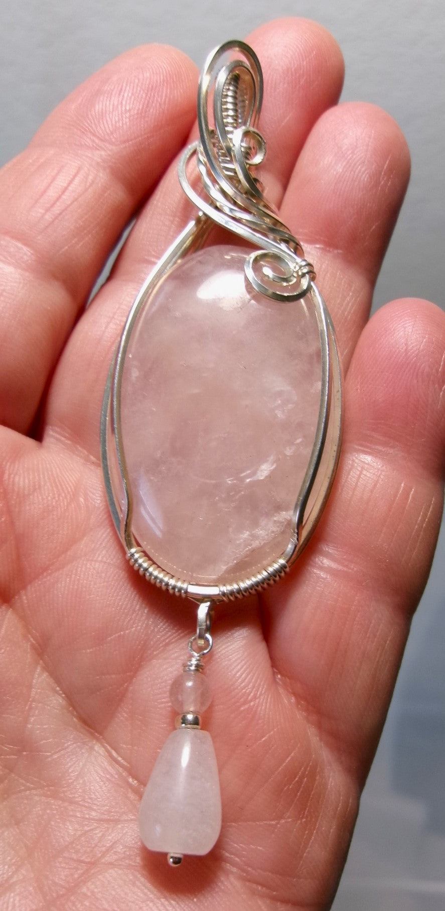 Rose Quartz gemstone sterling silver wire wrapped crystal pendant with rose quartz and snow quartz dangle